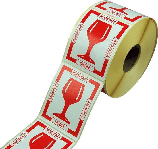 Breekbaar etiketten in 4 talen | 500 Stickers rol | B.V