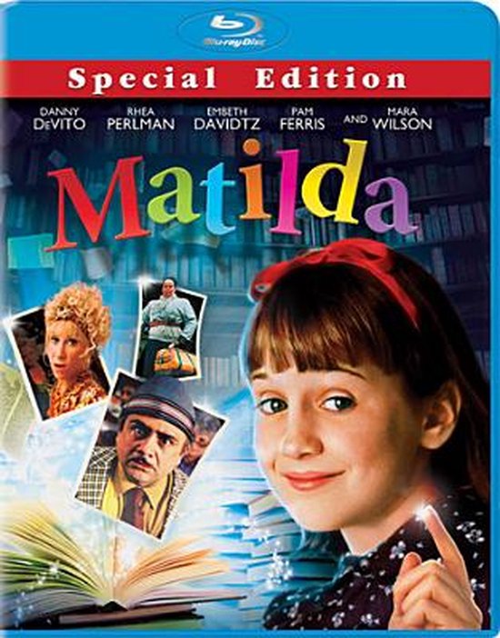 Blu-ray hoes van de film Matilda met de hoofdrolspeelster op de voorgrond en kleinere afbeeldingen van andere personages.