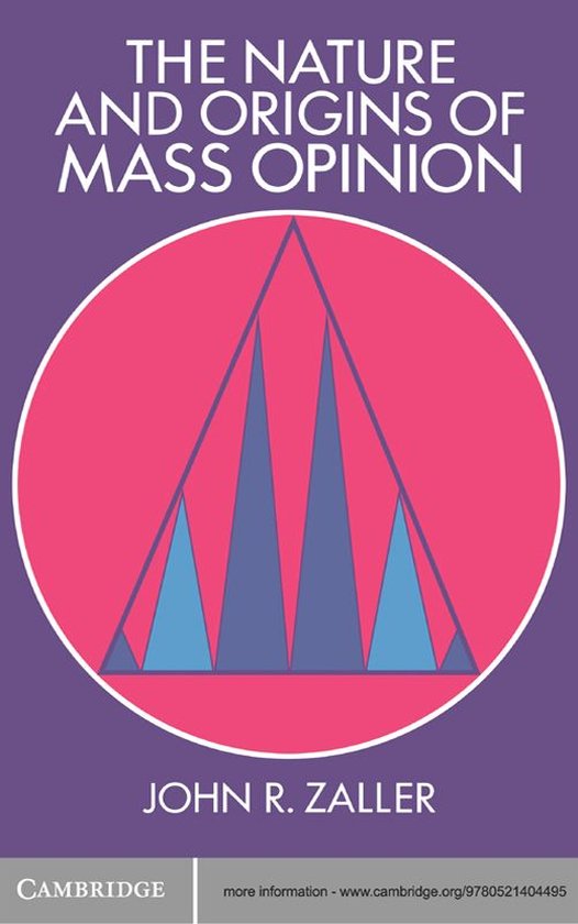 Boekomslag: "The Nature and Origins of Mass Opinion" door John R. Zaller, met een cirkelvormig ontwerp met driehoeken in roze en blauw.