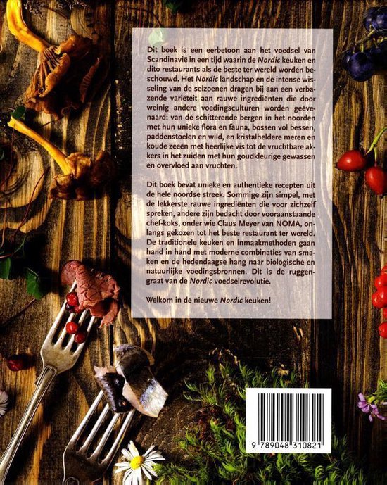 Boek 'Koken uit de nieuwe Nordic kitchen' met recepten en foto's van eten.
