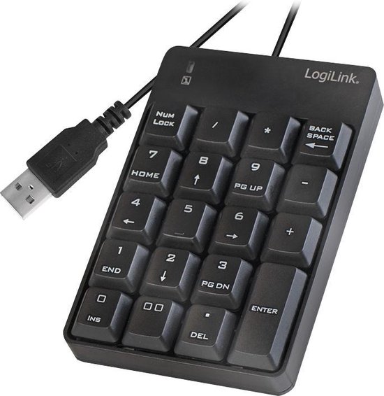 Zwarte LogiLink USB numeriek toetsenbord met 20 toetsen.