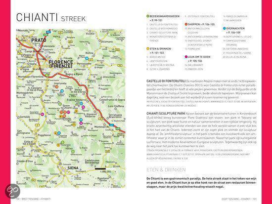 Een kaart van de Chianti-streek met genummerde bezienswaardigheden en routeopties.