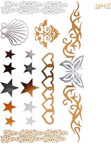 Tatouage temporaire transférable à l'eau - Métallisé - Coeurs, étoiles et coquillage - 19,5 x 9,5 cm