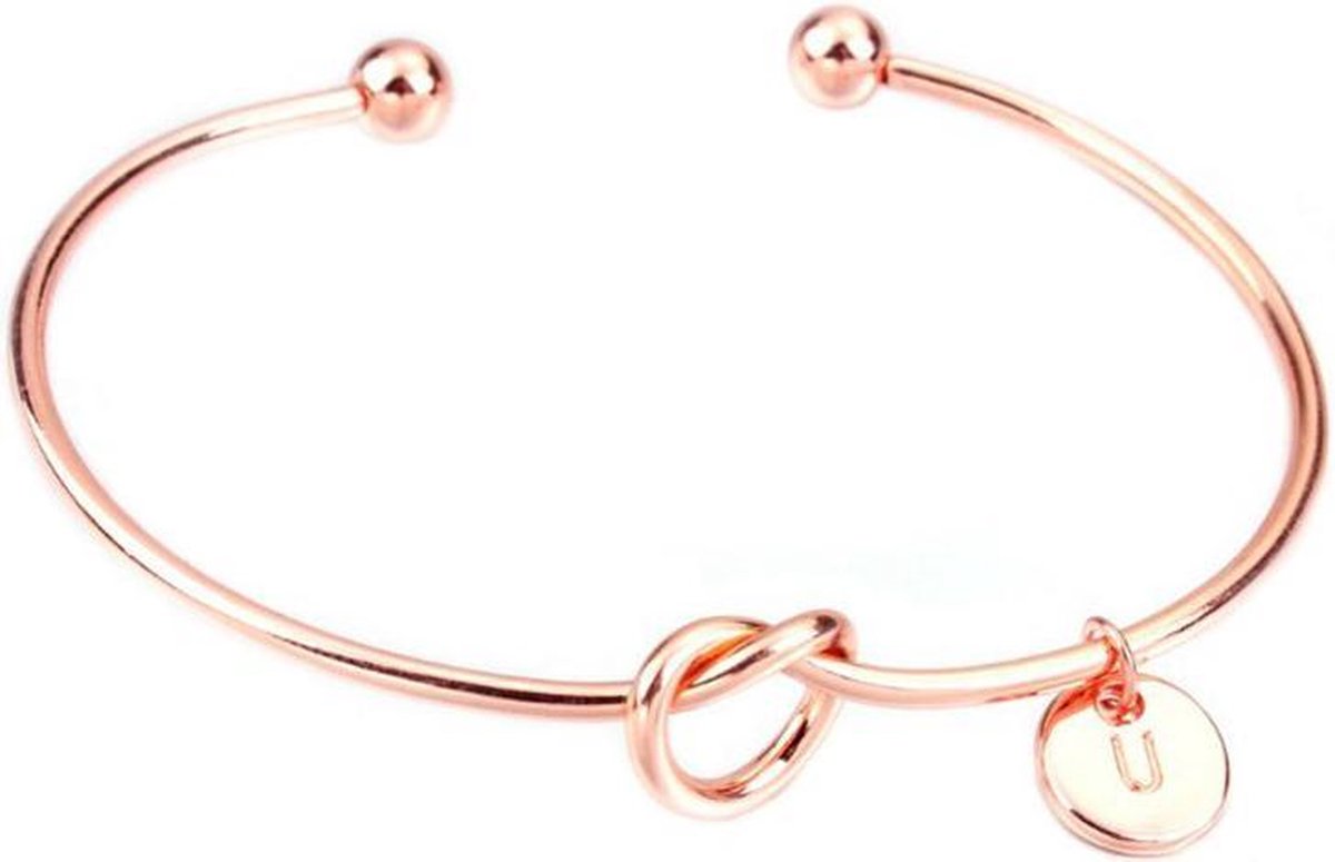 24/7 Jewelry Collection Knoop met Gepersonaliseerde Letter Bangle Armband - Rosé Goudkleurig - LETTER L - Amodi