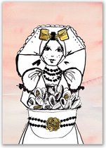 Poster Zeeuws meisje  met mossels - aquarel - zwart wit - Zeeland - mosselen - A3 poster