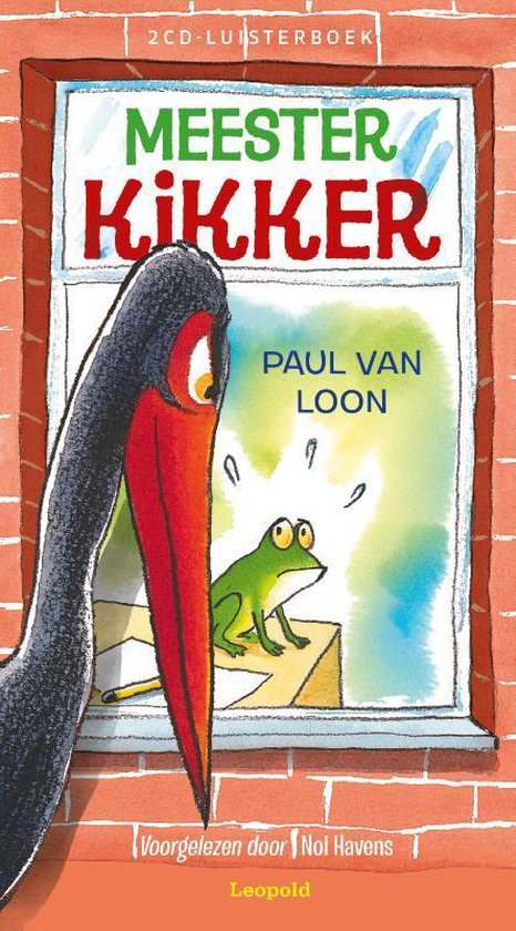 Een ooievaar kijkt naar een kikker op een bureau door een raam. Tekst: MEESTER KIKKER.