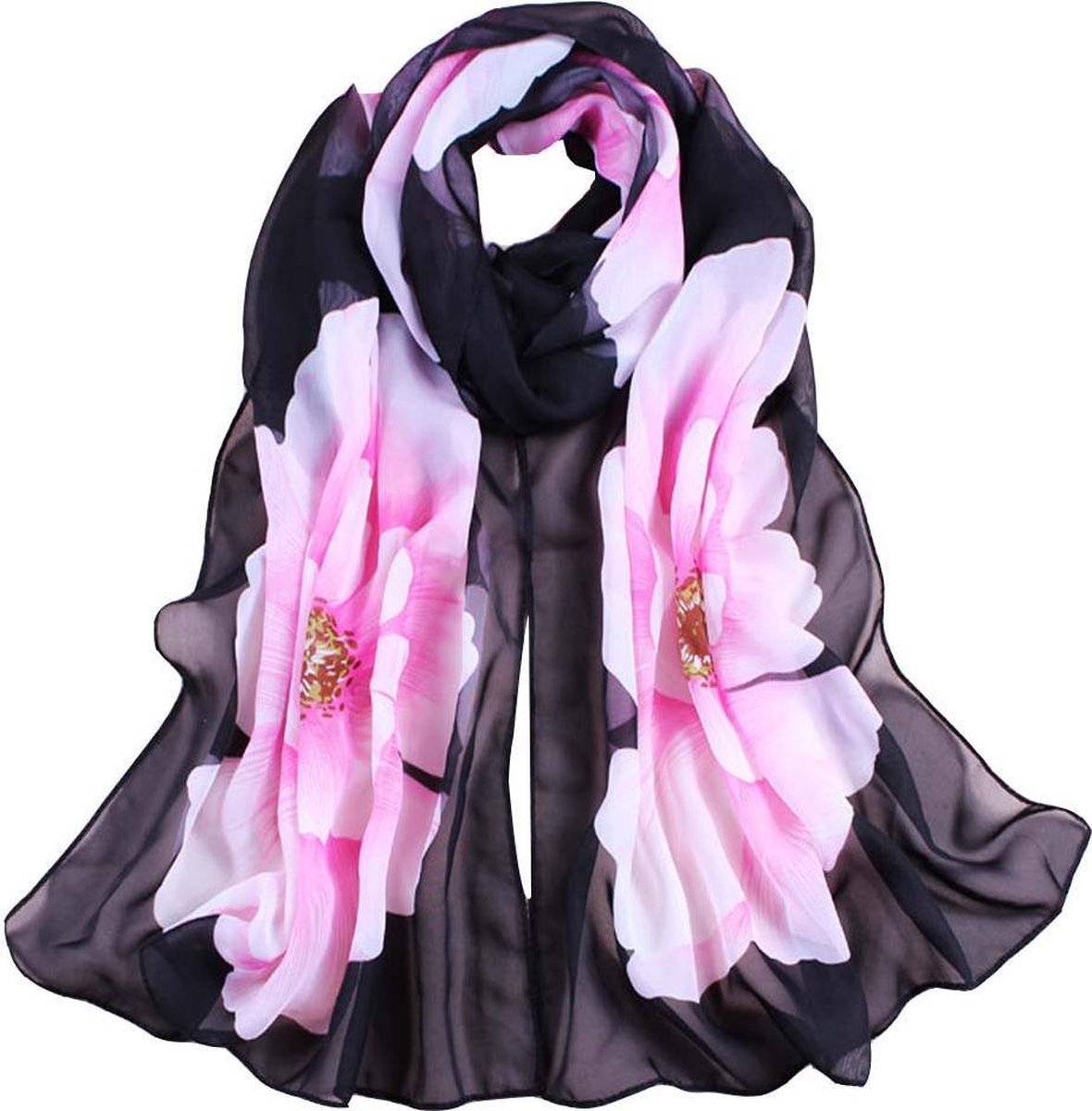 Fashionidea – elegante zwart roze bloemen sjaal heerlijk zacht en lekker dun