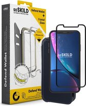SoSkild iPhone Xr Defend Wallet Impact Case Black and Tempered Glass Transparent