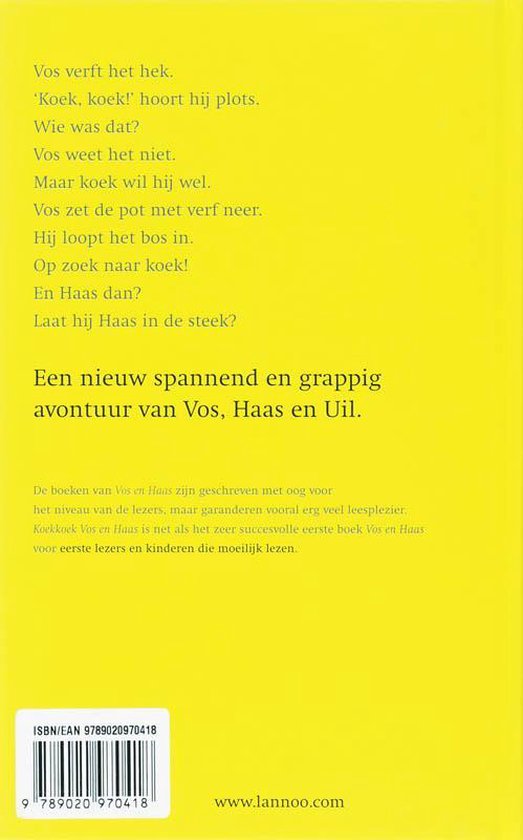 Achterkant van het boek 'Koek koek Vos en Haas' met een gele achtergrond. Tekst in het Nederlands.