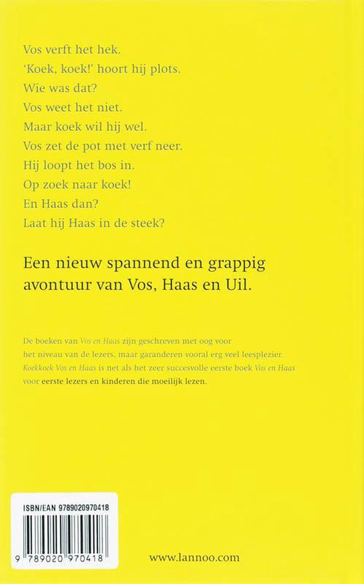Achterkant van het boek 'Koek koek Vos en Haas' met een gele achtergrond. Tekst in het Nederlands.