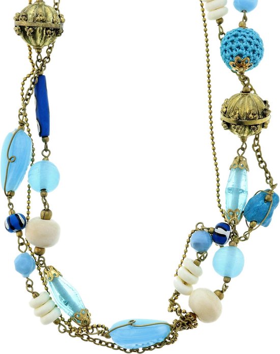 Lange blauwe fantasie ketting met gehaakte kralen, glaskralen en  goudkleurige kralen | bol.com