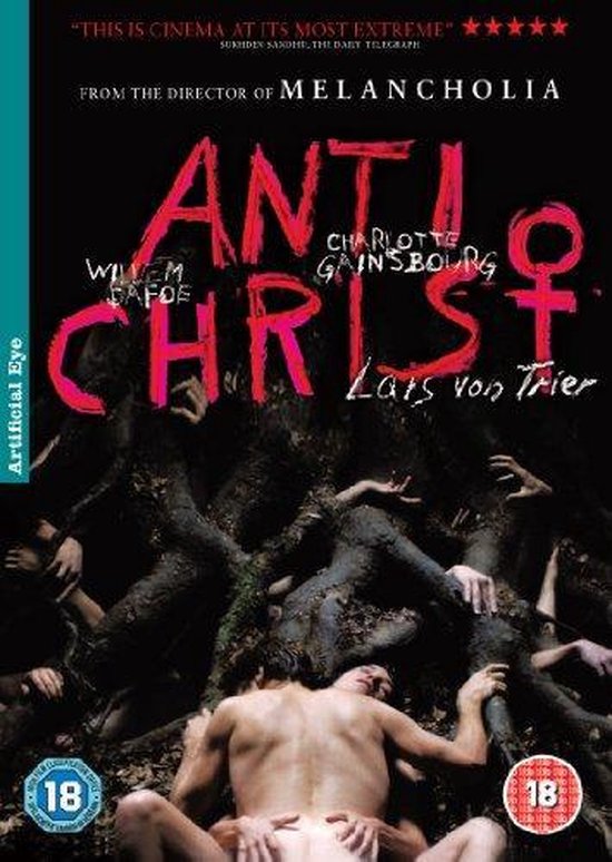 Cover DVD Antichrist met roze "Antichrist"-tekst en een naakt stel omringd door takken.