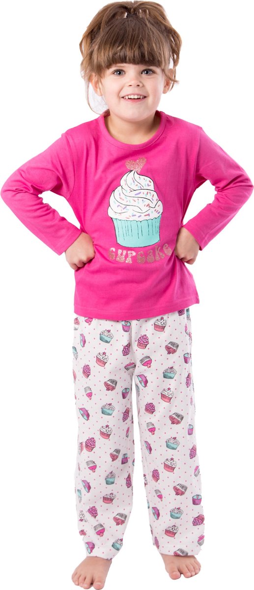 Amantes Meisjes Pyjama 100% katoen lange mouw - roze/fuchsia cupcake - maat 104/110