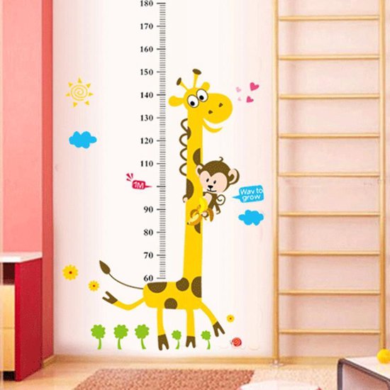 Decoratie stickers Muur & Wand voor slaapkamer, kinderkamer en babykamer, Muursticker groeimeter Giraffe met aapje