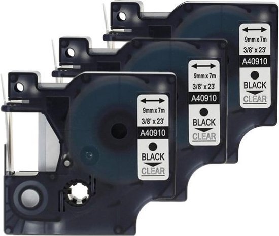 3x D1 standaard labels Dymo 40910 Zwart op transparant / 9mm x 7m / Compatibele met Dymo LabelManager 210D