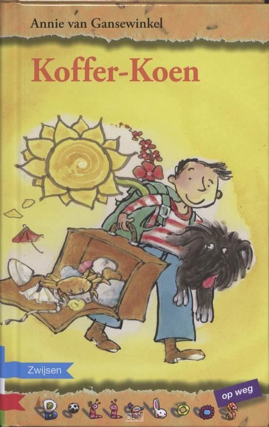 De kaft van het boek Koffer-Koen, met een jongen en zijn hond, een open koffer en een grote gele zon.