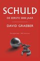 Boek kaft met rode achtergrond, titel 'SCHULD DE EERSTE 5000 JAAR' en afbeelding van een metalen kogel met ketting.