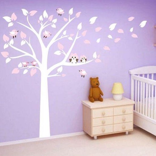 Muursticker witte boom met uiltjes en vogeltjes roze - kinderkamer - babykamer