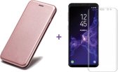 Samsung Galaxy S9 - Lederen Wallet Hoesje Roze / Roségoud met Siliconen Houder - Portemonee Hoesje + Glas PET Folie Screen Protector Transparant 0.2mm