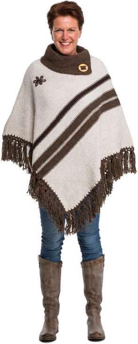 Poncho - omslagdoek - handgemaakt – hip- gerecycled - wol - katoen - duurzame kleding - ecru - bruin - M