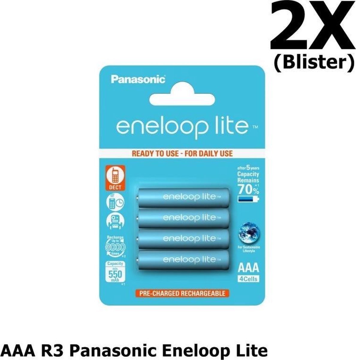 8 Stuks (2 Blisters a 4st) - AAA R3 Panasonic Eneloop Lite 1.2V 550mAh Oplaadbare Batterijen - Speciaal voor dect telefoons, Tot 3000 laadcycli - Blisterverpakking