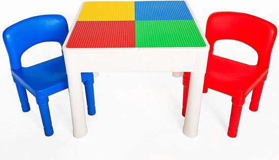 Play&Build 4 in 1 Tafel set - Kindertafel en Stoelen Sets voor binnenactiviteiten, buitenspelen, speelgoedopslag & bouwsteenplezier Inclusief 2 peuterstoelen - wit