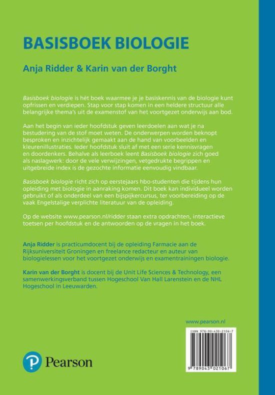 Boek "Basisboek biologie" van Anja Ridder en Karin van der Borght met informatie over de inhoud en auteurs.