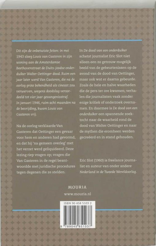 Boekomslag met tekst over Louis van Gasteren, Walter Oettinger en Eric Slot. Achtergrond met bruin patroon.