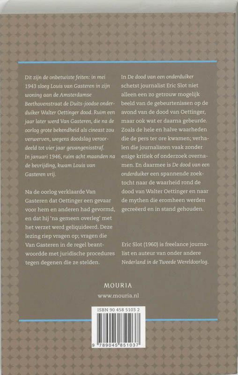 Boekomslag met tekst over Louis van Gasteren, Walter Oettinger en Eric Slot. Achtergrond met bruin patroon.