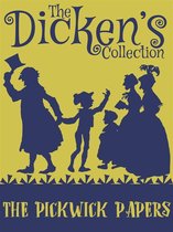 De Dickens Collection: The Pickwick Papers, met blauwe silhouetten van figuren uit de Victoriaanse tijd op een gele achtergrond.