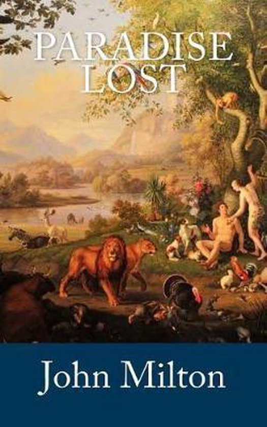 Couverture du livre Paradise Lost avec une peinture d'Adam et Ève dans le jardin d'Éden, entourés d'animaux. Texte : Paradise Lost, John Milton.