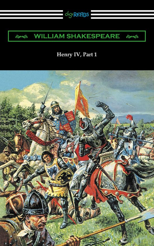 Boekomslag van Henry IV, Part 1 van William Shakespeare met een klassiek schilderij van ridders in een veldslag.
