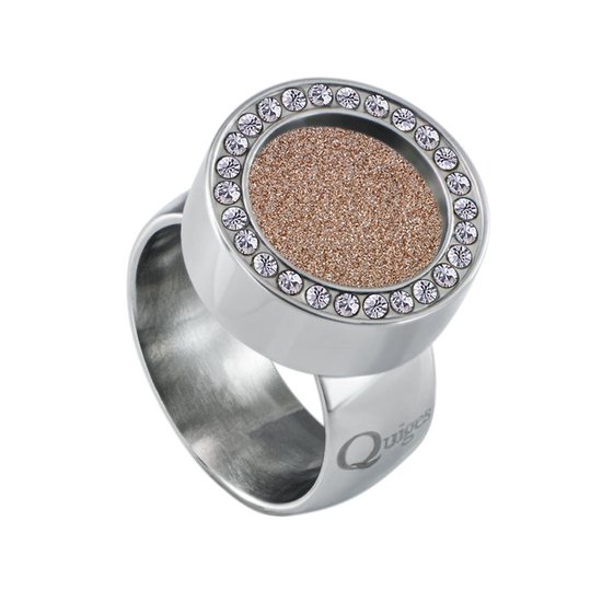 Quiges RVS Schroefsysteem Ring met Zirkonia Zilverkleurig Glans 16mm met Verwisselbare Glitter Champagne 12mm Mini Munt