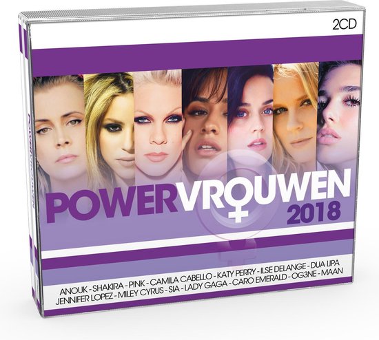 CD-hoes met collage van zeven vrouwen en tekst 'POWERVRVROUWEN 2018', artiestennamen.