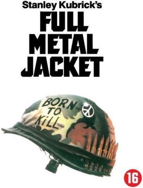 Stanley Kubrick's Full Metal Jacket Blu-ray poster met helm versierd met "BORN TO KILL" en een vredesteken.