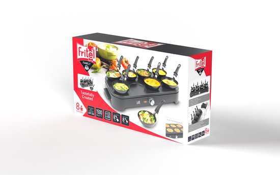 Doos van Fritel gourmet wok pancake maker met afbeeldingen van het product en functies.