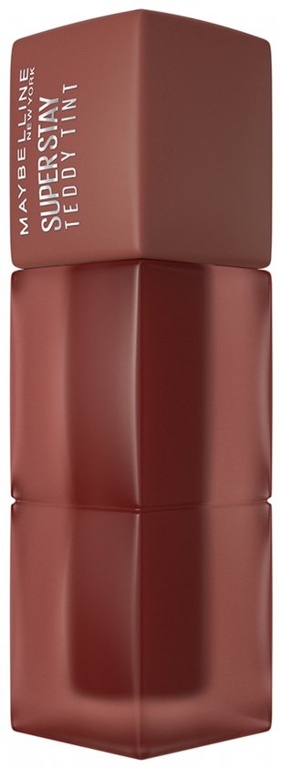 Bruin getinte lippenstift met het Maybelline Superstay Teddy Tint logo.