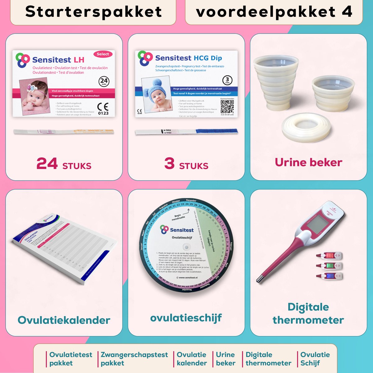 Goedkoopste Sensitest Zwanger Worden Starterspakket met 24 Ovulatietesten, 3 Zwangerschapstesten, 1 Ovulatie Thermometer, 1 ovulatieschijf, 1 urine beker