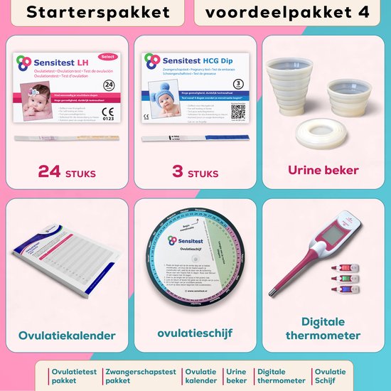 Sensitest Zwanger Worden Starterspakket met 24 Ovulatietesten, 3 Zwangerschapstesten, 1 Ovulatie Thermometer, 1 ovulatieschijf, 1 urine beker