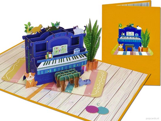 Popcards pop-up kaarten - Gezellige pop-up kaart Piano met Katten, Hondje & Sansevieria Klassieke Muziek Muziekkaart Huiskamer 3D kaart wenskaart