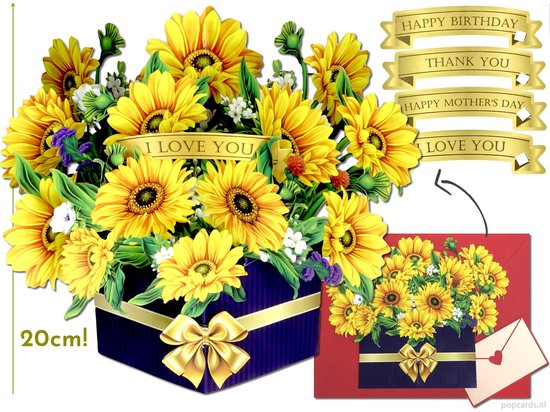 Popcards pop-up kaart – vrijstaand boeket met zonnebloemen voor Verjaardag, Bedankkaart, Moederdag en Liefdeskaart pop-up kaarten 3D wenskaart