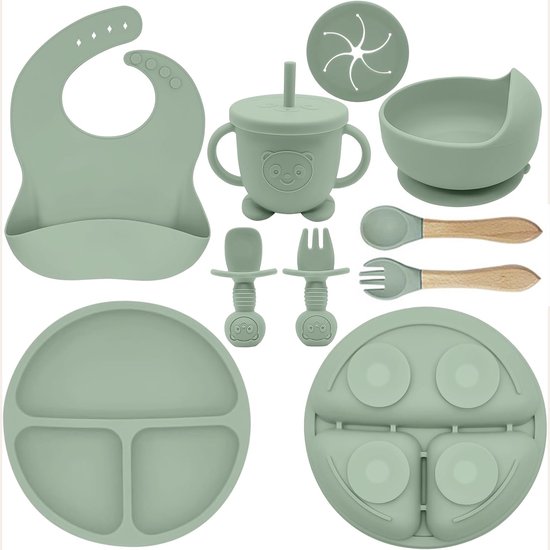 Set de Services de table Bébé TTLUOKER 8 pièces ( Siliconen) - Avec ventouse et gobelet anti-fuite | Passe au lave-vaisselle et au four. | Sans BPA | Vert clair