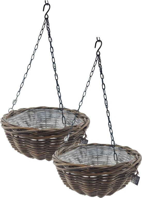 Panier suspendu en rotin Vd Leeden – D30 cm – 2x – rotin tressé – jardinière suspendue avec chaîne – pot de fleurs – Tissé à la main en Indonésie