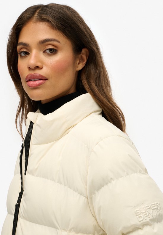 2025 - Warme, lichte damesjas, capuchonloze, winddichte winterjas met gerecyclede isolatie, slanke winterjas met lange capuchon, warme witte eendendendonsjas, functioneel shirt paardrijden, roze (hot