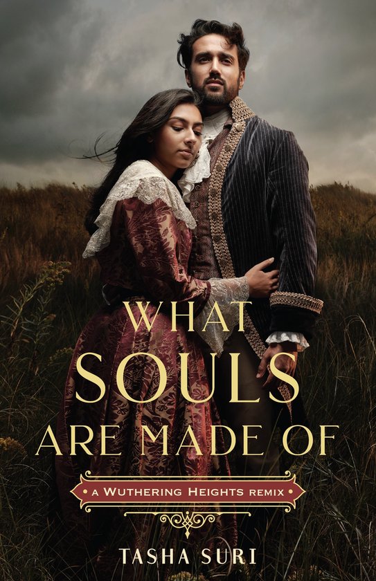 Een man en vrouw in historische kleding, de vrouw omhelst de man. Titel: WHAT SOULS ARE MADE OF.