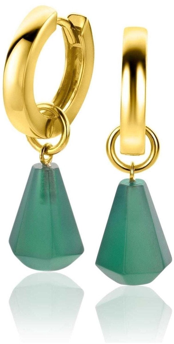 Zinzi zilveren oorbedels 14K geel verguld in kegelvorm met groen agaat 8mm ZICH2256G
