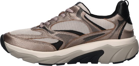 Grijze leren sneaker met beige mesh details, zwarte accenten en dikke zool.