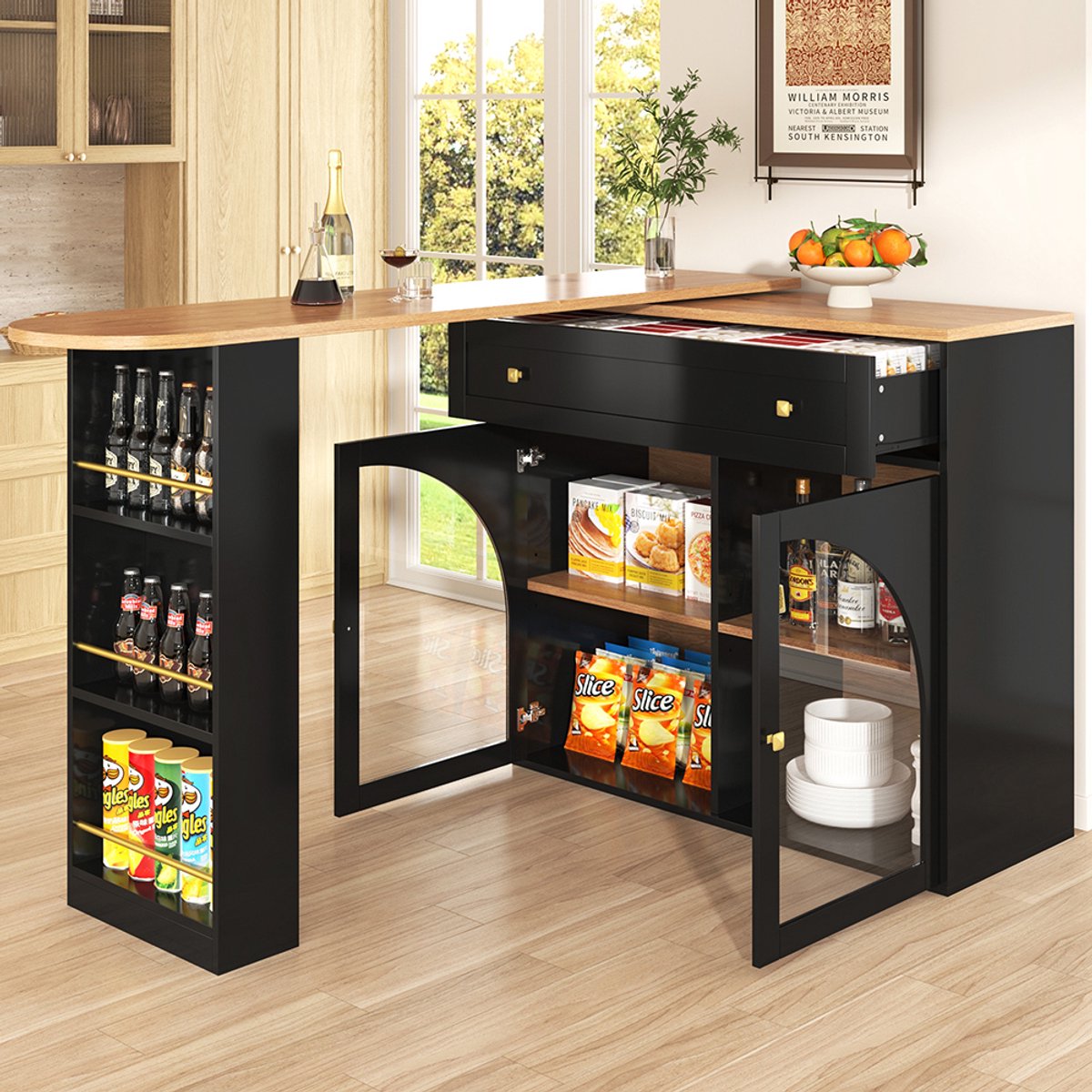 Pugsdrly Uitschuifbare bartafel met opbergruimte (138-204 × 39 × 104 cm), 360° draaibare bartafel, moderne verrijdbare bartafel, hoge keukentafel, bistrotafel, buffetkast met planken en glas, zwart