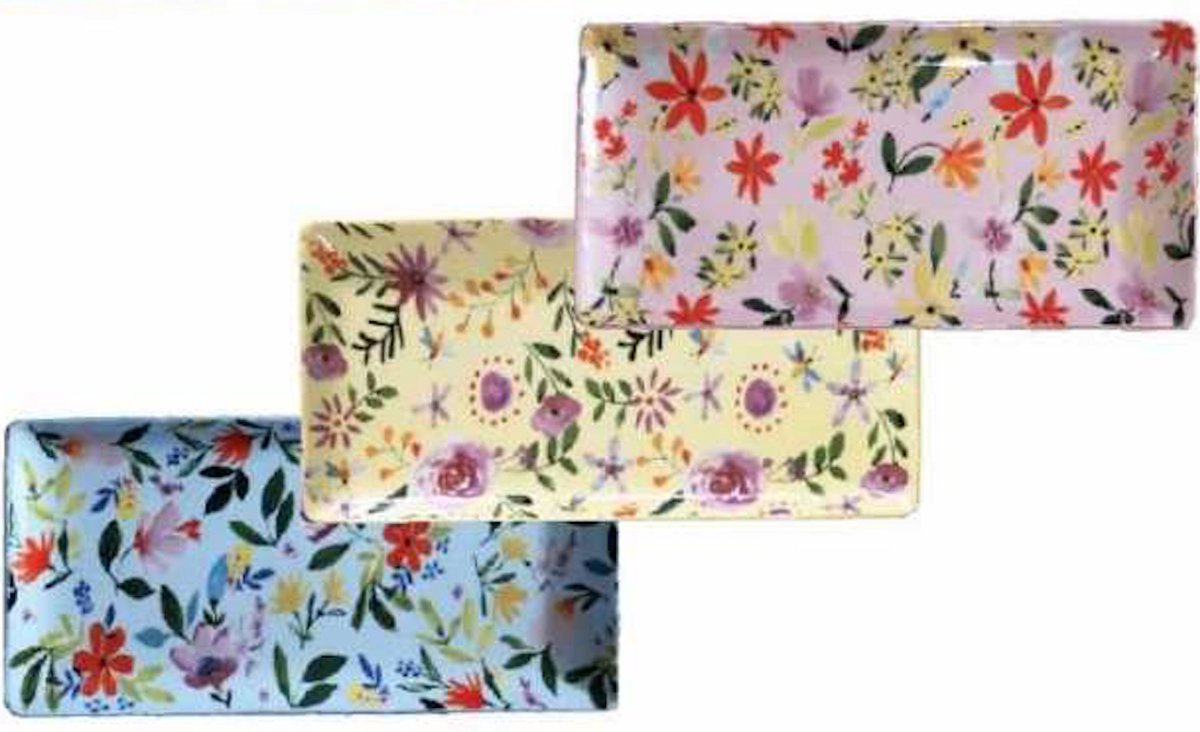 Set van 3 Rechthoekige Platen 27cm in Porselein - Flowers (Geel, Roze en Blauw)