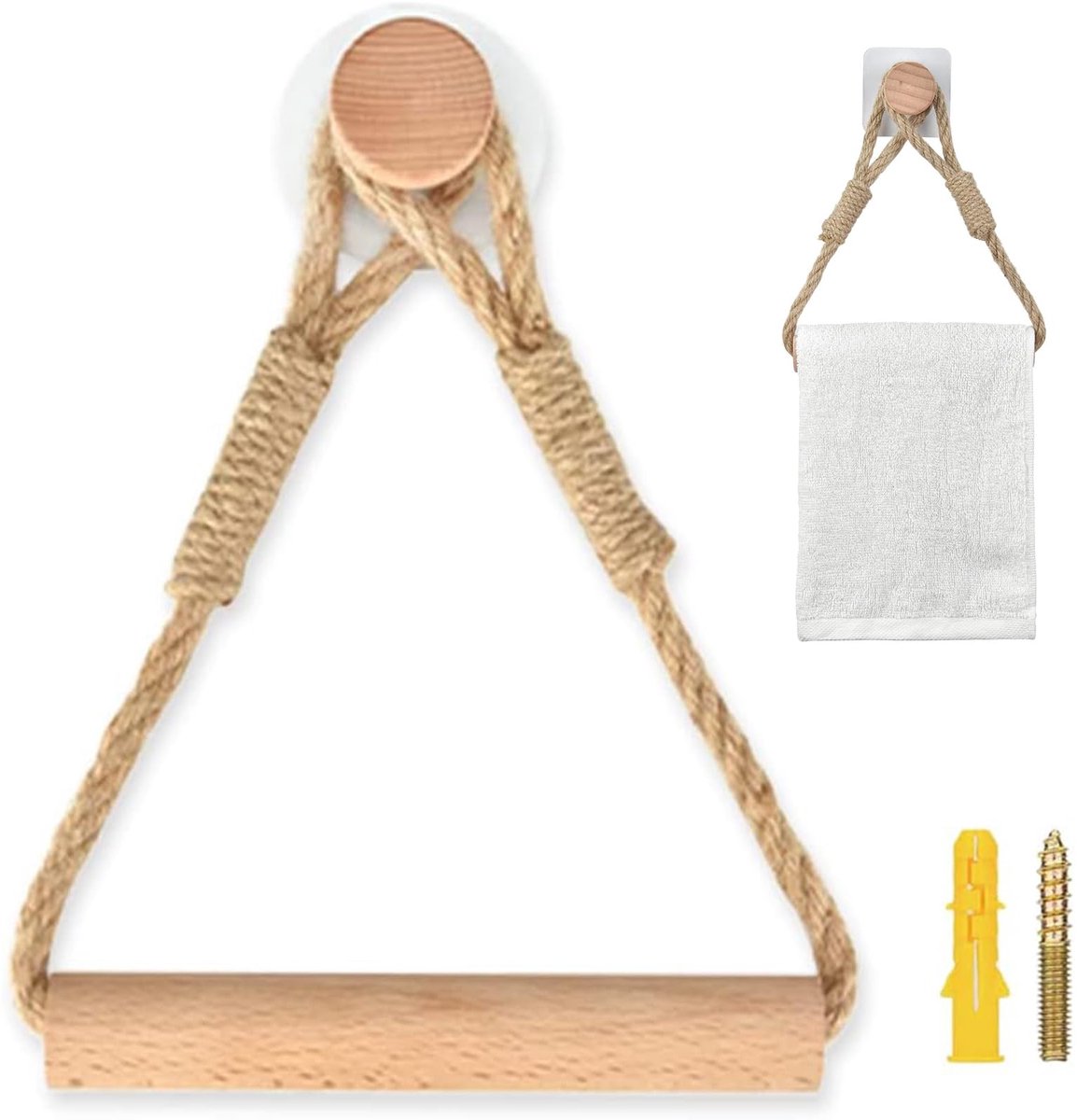 Ibenzoa® Touw en Hout Toiletpapierhouder met Vintage Design en Zelfklevende Bevestiging